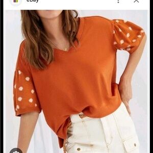 Anthropologie Daily Practice Pumpkin Polka Dot Sleeve Double V Neck Terry Top,XS